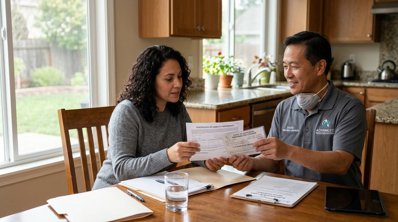 Homeowner reviewing a mold contractor's license and insurance documents at a kitchen table during an in-home consultation