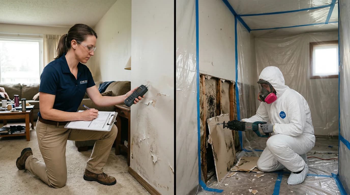 Side-by-side comparison of a mold assessor inspecting with a moisture meter versus a mold remediator in protective gear removing contaminated drywall