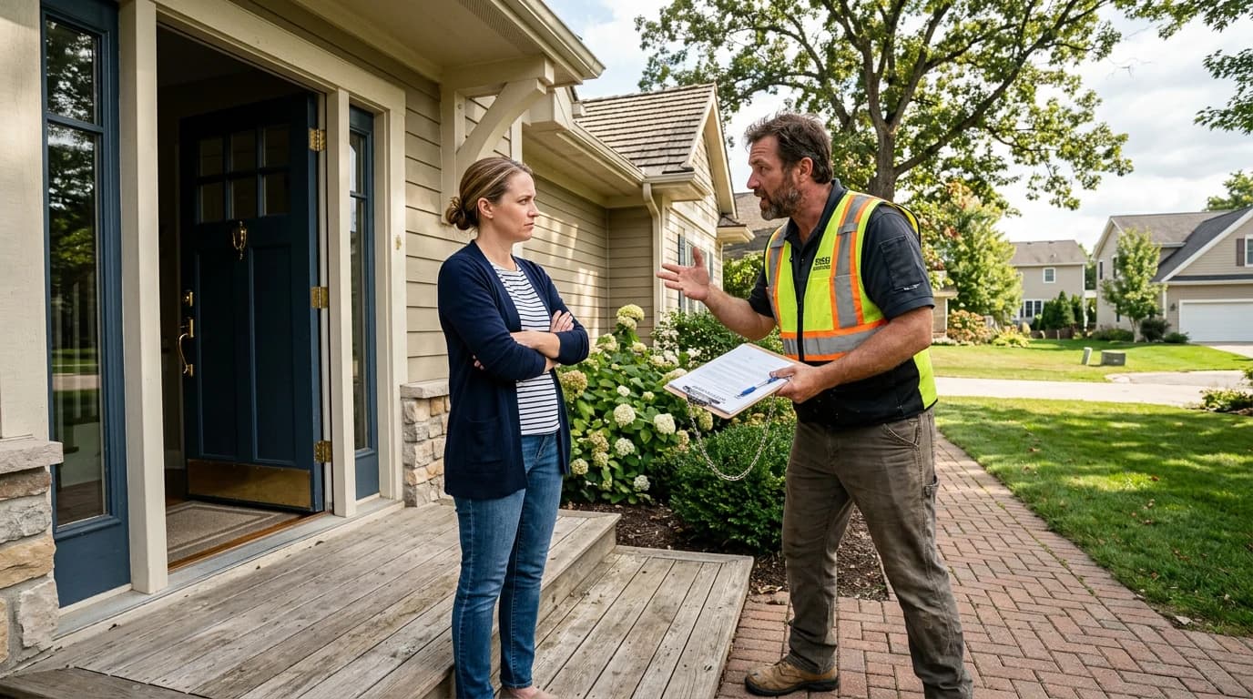 Homeowner at front door looking skeptical while a contractor uses high-pressure sales tactics with a clipboard
