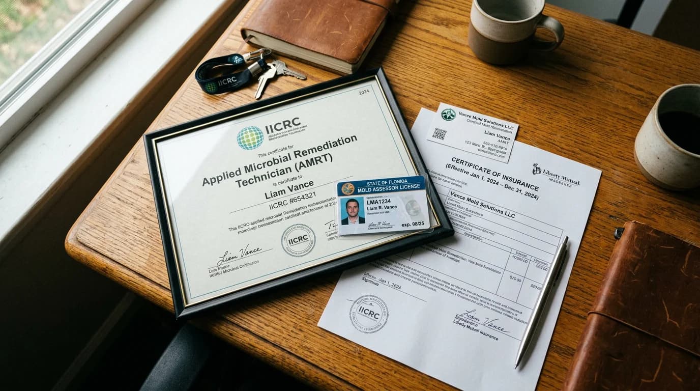 Close-up of mold industry certification documents including an IICRC AMRT certificate, state license, and certificate of insurance on a desk