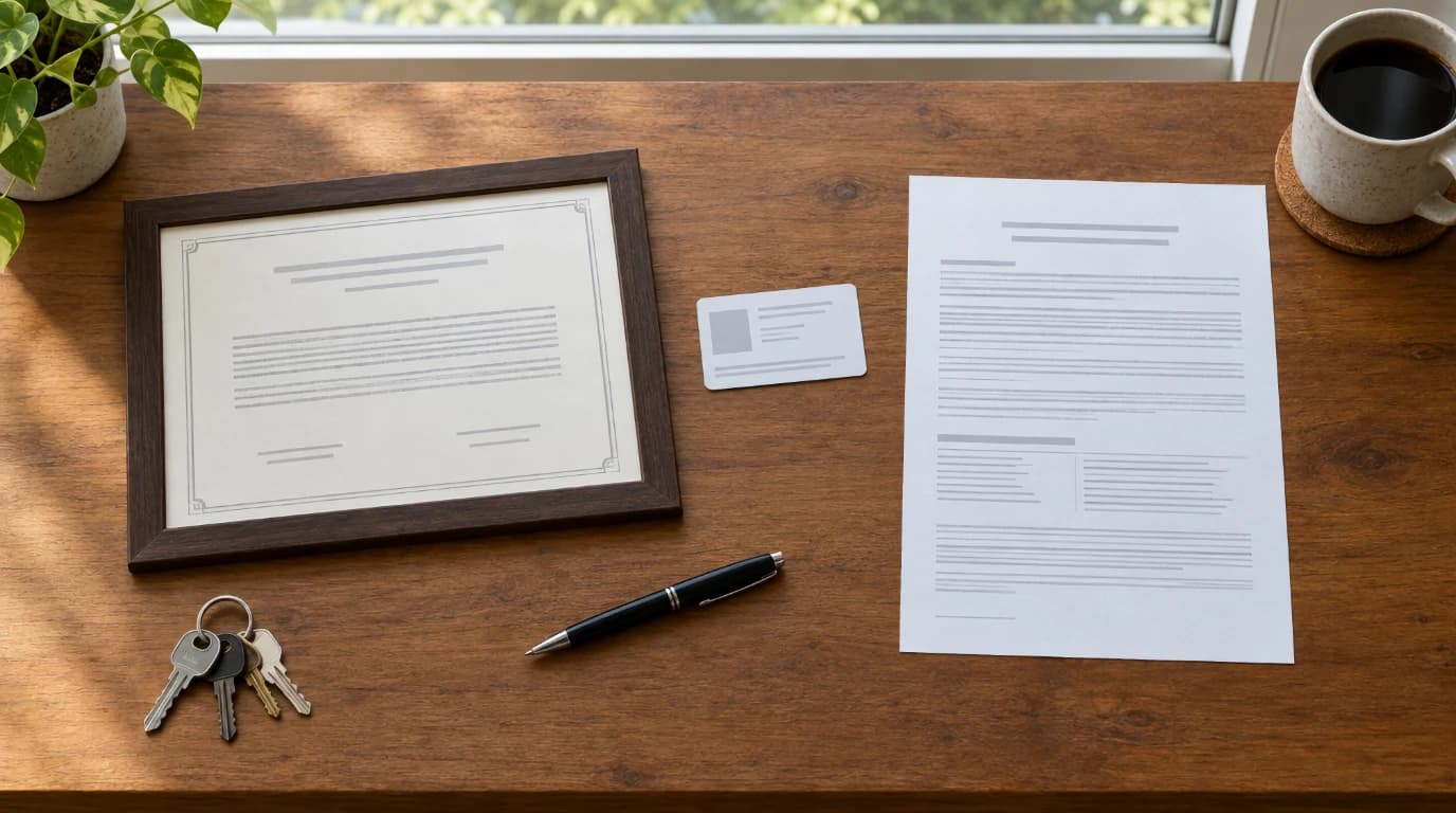 Close-up of three credential documents on a desk: a framed training certificate, a license card and a certificate of insurance