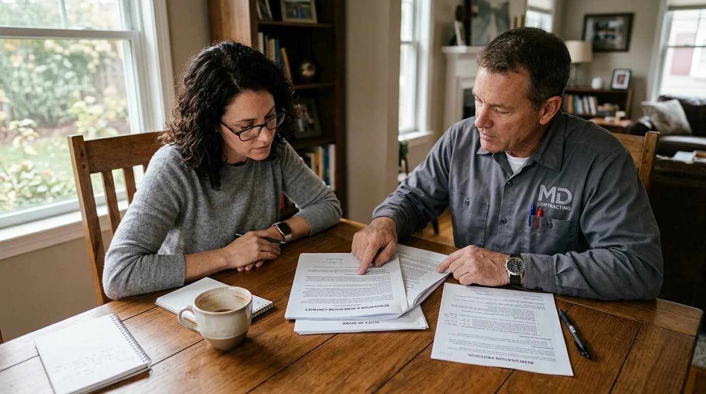 Homeowner and mold remediation contractor reviewing and signing a detailed contract at a dining table