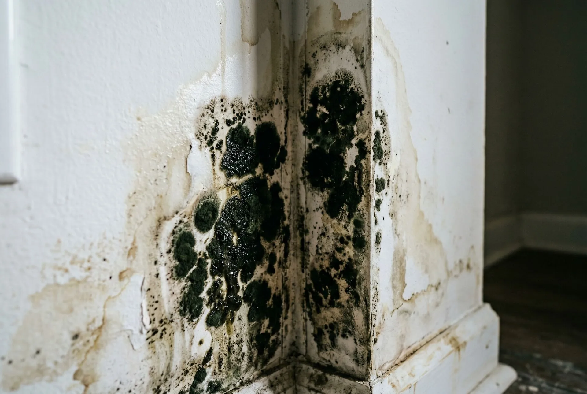 Dark greenish-black mold growing on white drywall near a corner with visible water damage staining