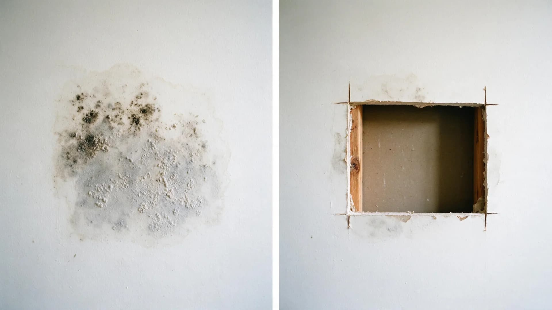 Side-by-side comparison on a white painted wall: on the left, a patch of mold where part of the growth is still dark and part has been bleached pale, with the raised texture still visible across both; on the right, the same wall with the affected drywall cut out in a square, exposing the framing and cavity behind