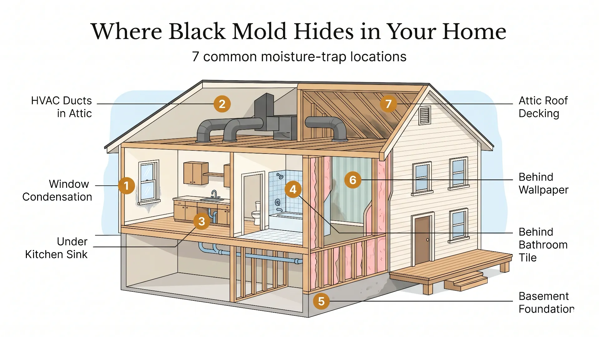 Architectural cross-section diagram of a two-story home showing seven common black mold hiding spots: window condensation, HVAC ducts in attic, under kitchen sink, behind bathroom tile, basement foundation, behind wallpaper, and attic roof decking