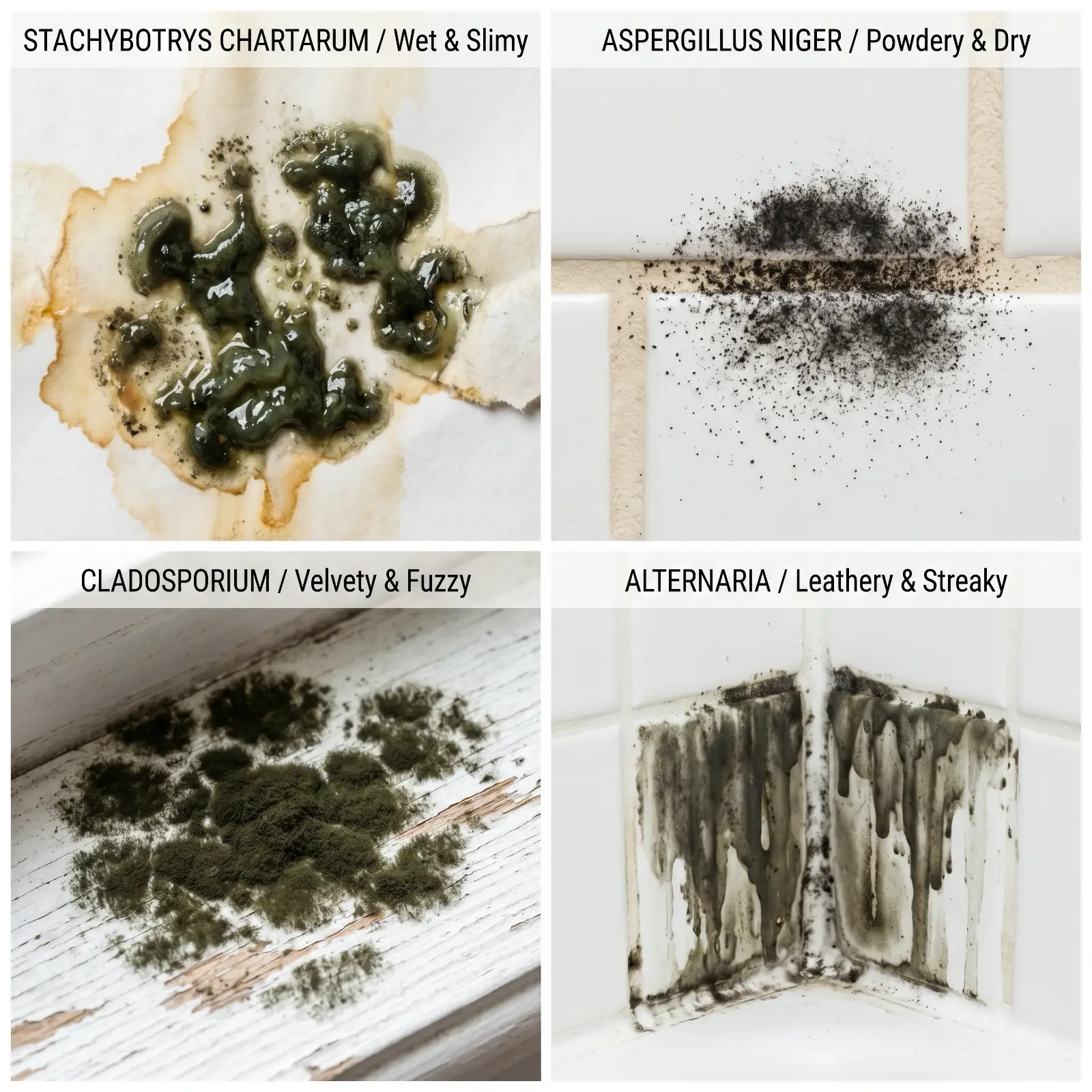 Four-panel macro photography comparison of dark household molds: Stachybotrys chartarum (wet, slimy), Aspergillus niger (powdery), Cladosporium (velvety), and Alternaria (leathery), each shown on its typical growth surface