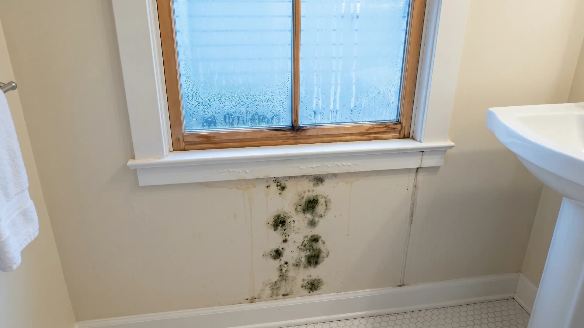 Real-world bathroom showing chronic condensation damage and early-stage black mold growth around a single-pane window, illustrating the diagnostic pattern of moisture-driven mold