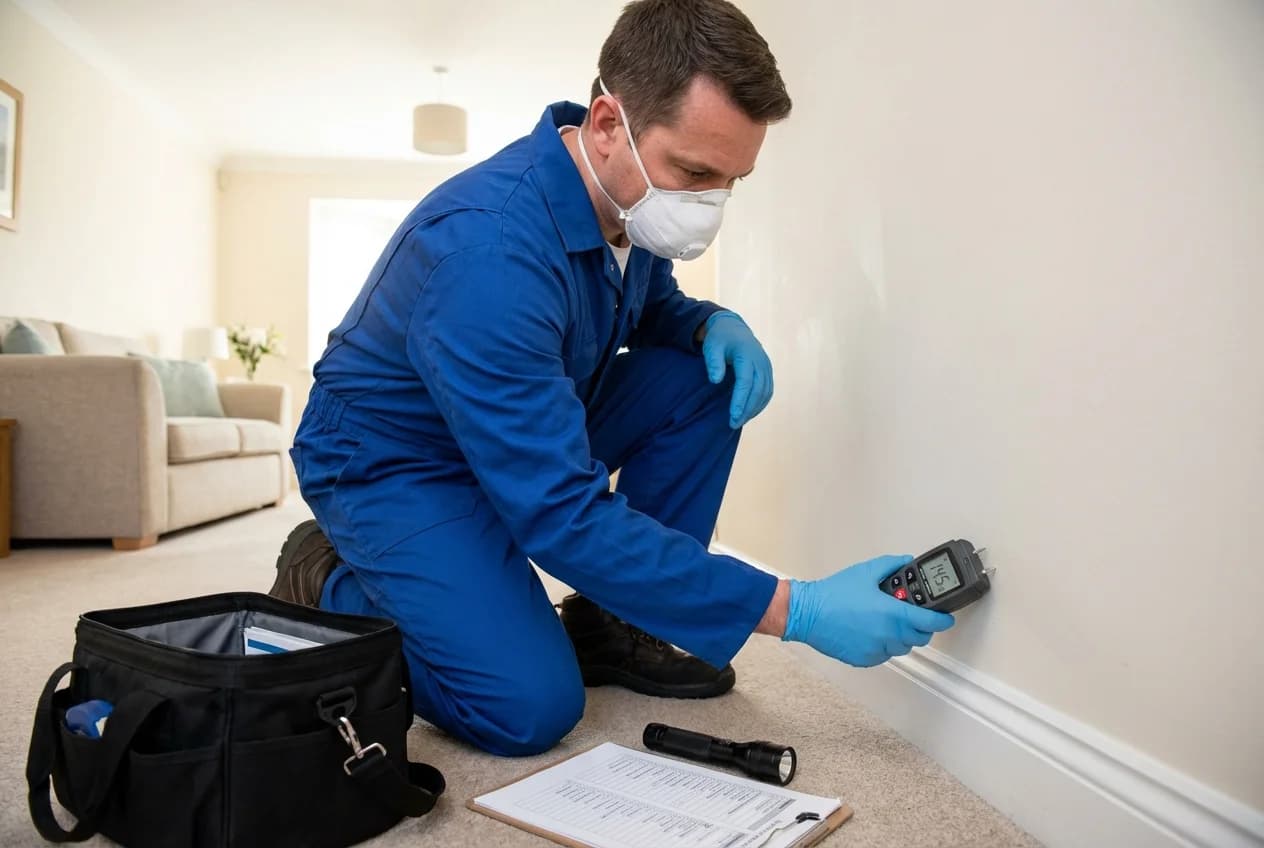 Professional mold inspector using a moisture meter to test a wall