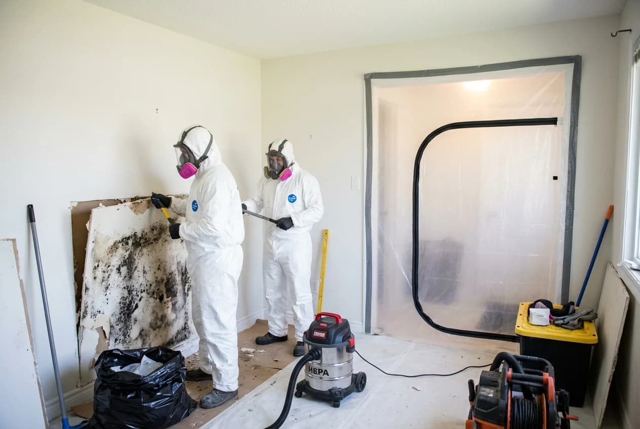 Professional mold remediation team in protective suits removing mold-damaged drywall