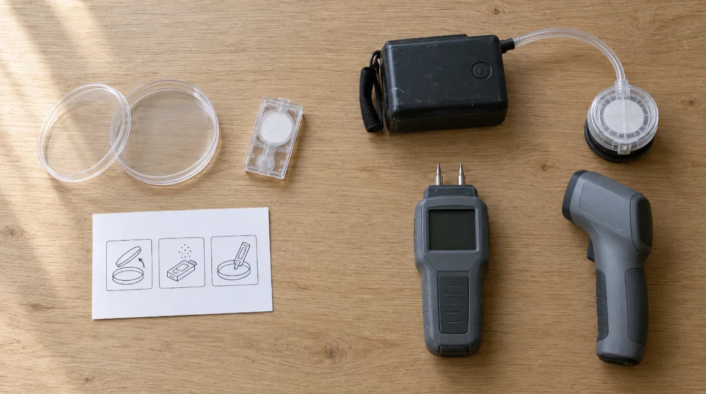 DIY mold test kit (petri dish, sealed air-sample cassette, instruction card) on the left side of a wood surface and professional inspection equipment (calibrated air pump with spore trap, pin-style moisture meter, infrared thermometer) on the right
