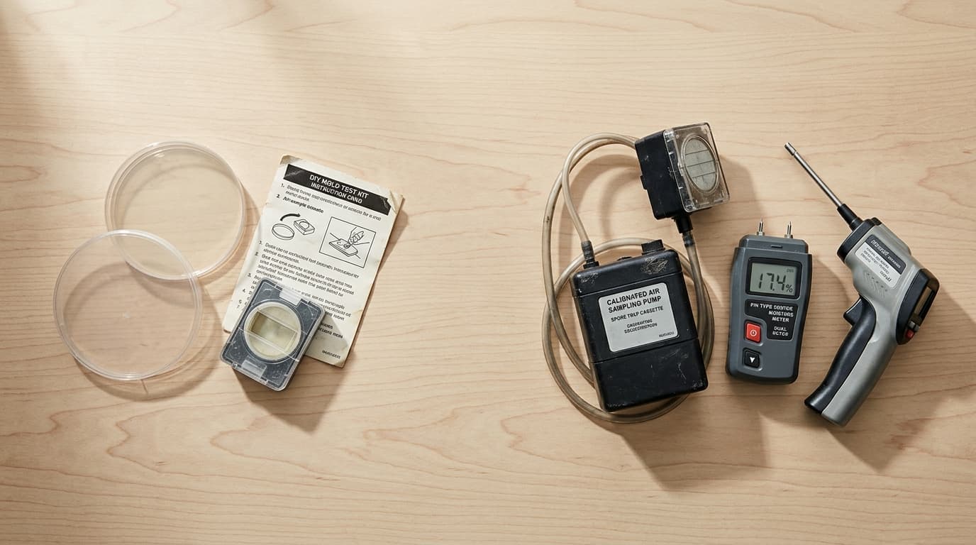 DIY mold test kit (petri dish, sealed air-sample cassette, instruction card) on the left side of a wood surface and professional inspection equipment (calibrated air pump with spore trap, pin-style moisture meter, infrared thermometer) on the right