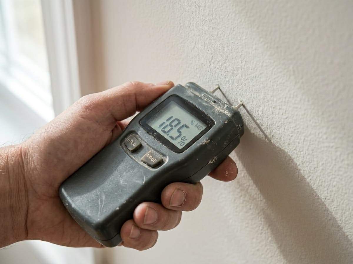 A digital pin-type moisture meter pressed against a section of off-white painted drywall with two thin metal pins inserted into the surface, the LCD display showing a moisture percentage reading