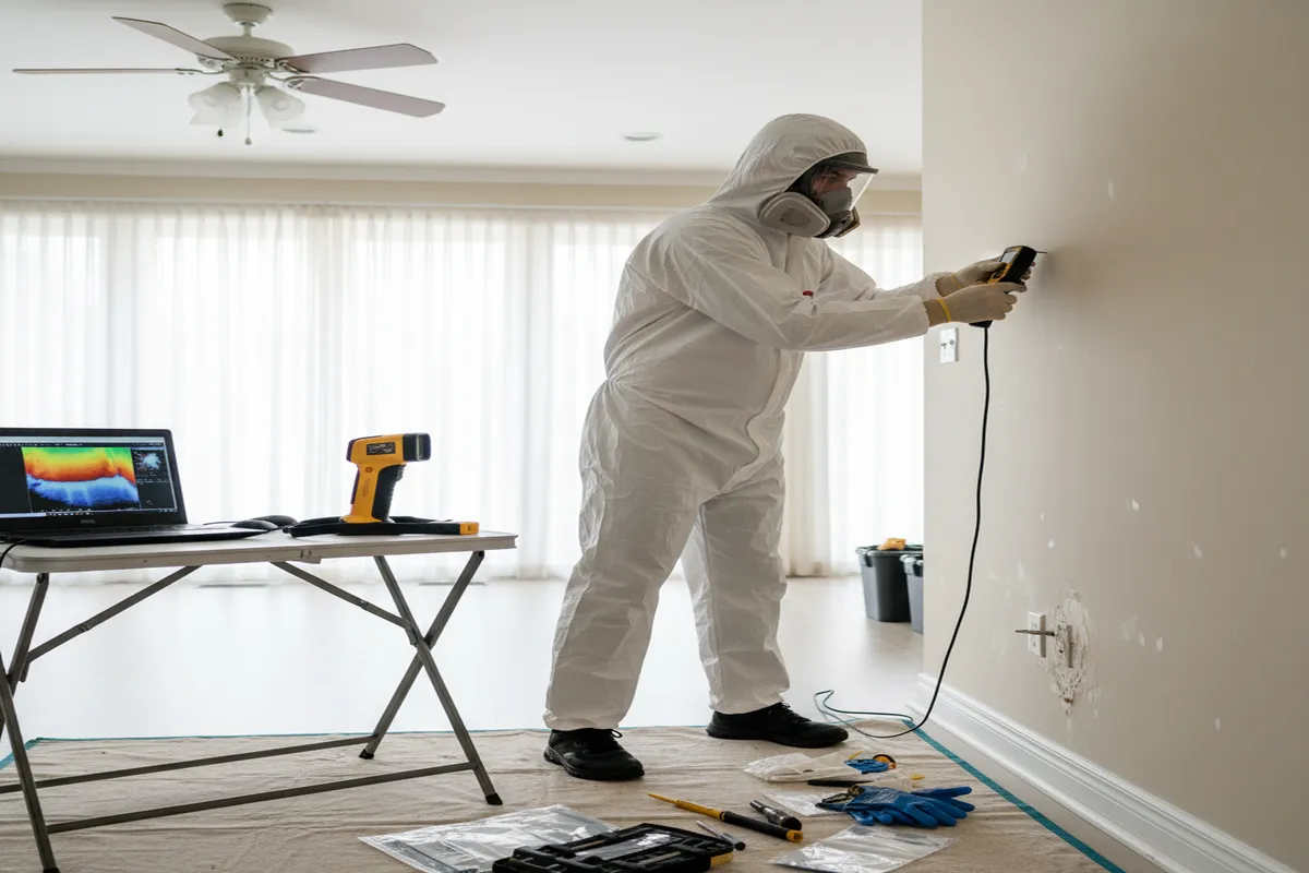 Licensed mold assessor using a moisture meter and thermal camera to inspect a wall during a professional mold inspection