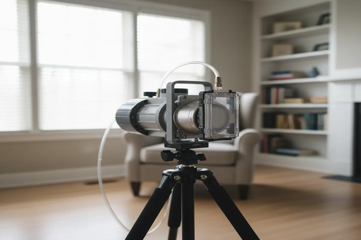 Air sampling pump with spore cassette collecting mold spore samples in a residential room