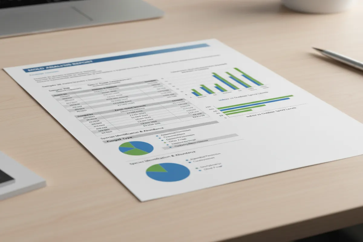 Professional mold lab report showing spore count data, charts, and species identification results