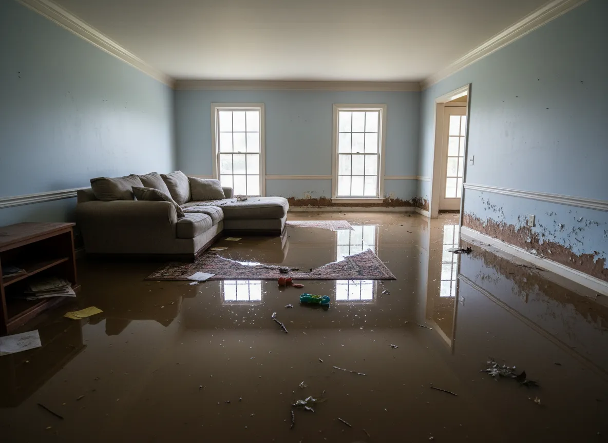 Flooded residential living room with several inches of standing water, water-stained walls, and soaked furniture