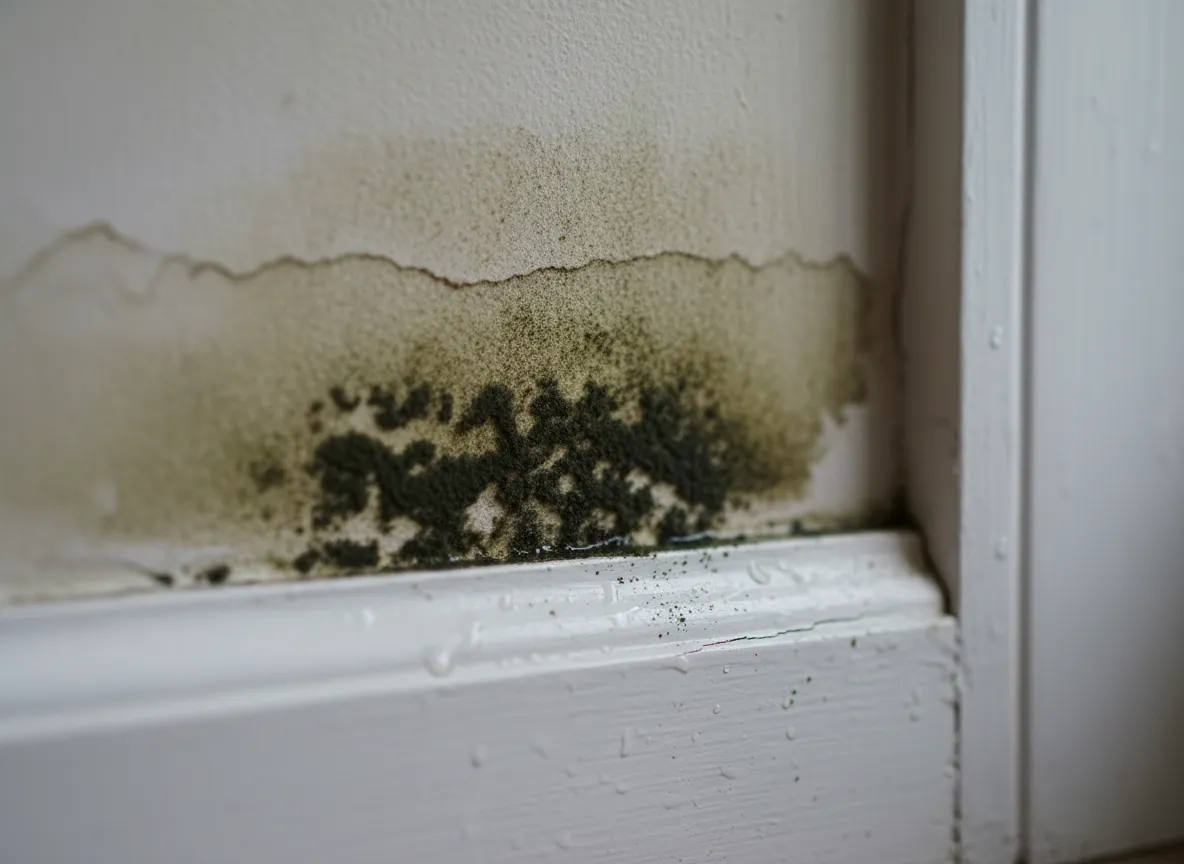 Dark mold colonies forming on flood-soaked drywall and baseboards showing early growth within 24-48 hours