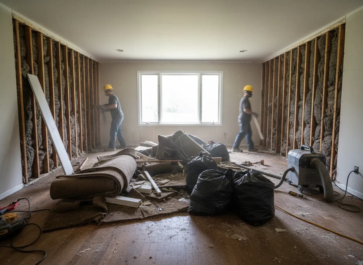 Flood damage tearout in progress with removed drywall exposing wall studs, pulled carpet, and debris bags