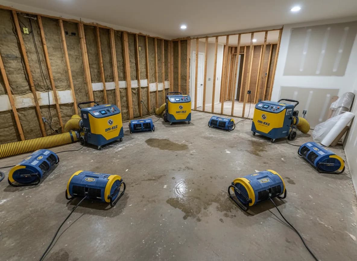 Professional flood restoration equipment including industrial dehumidifiers and air movers set up in a stripped residential room