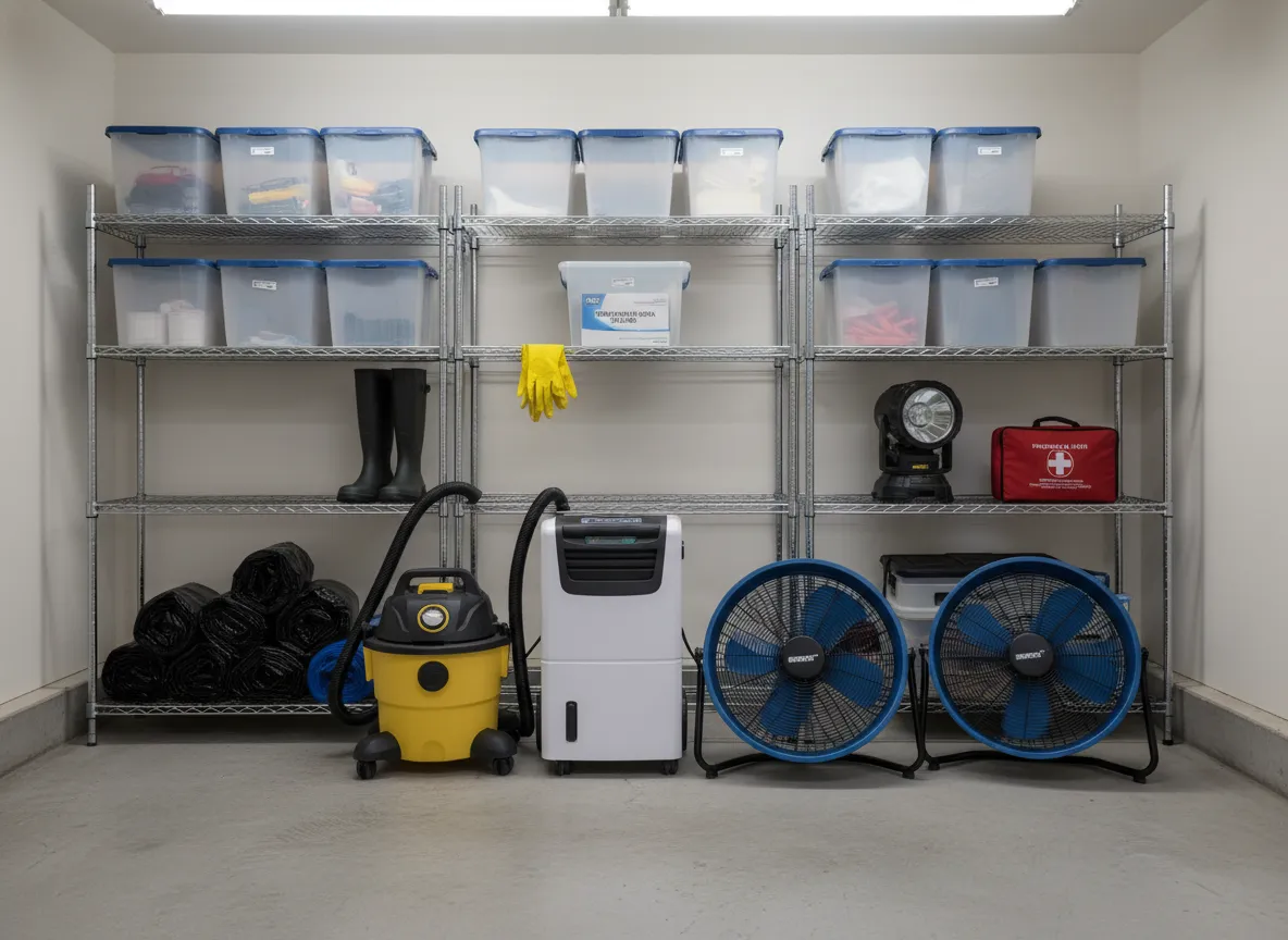 Organized hurricane and flood preparation supplies in a garage including dehumidifier, shop vacuum, fans, rubber boots, and first aid kit