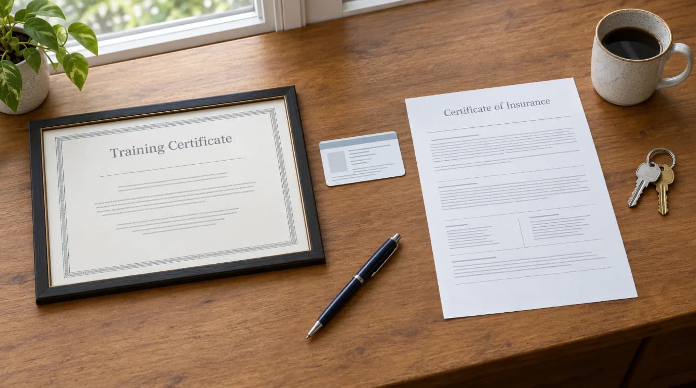 A framed training certificate, a wallet-sized license card and a one-page certificate of insurance on a wooden desk, with no names, logos or seals