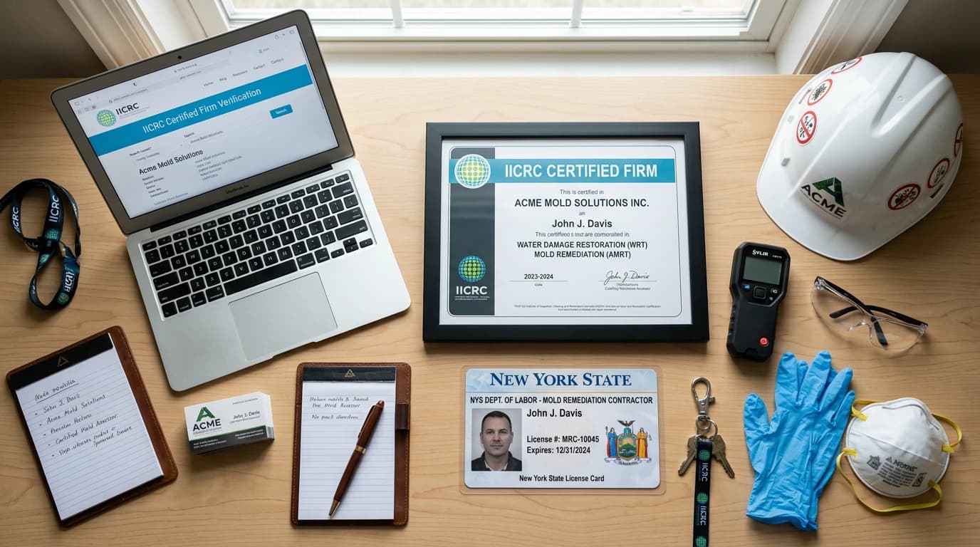 Mold industry certification documents and state license spread on a desk next to a laptop showing a verification website