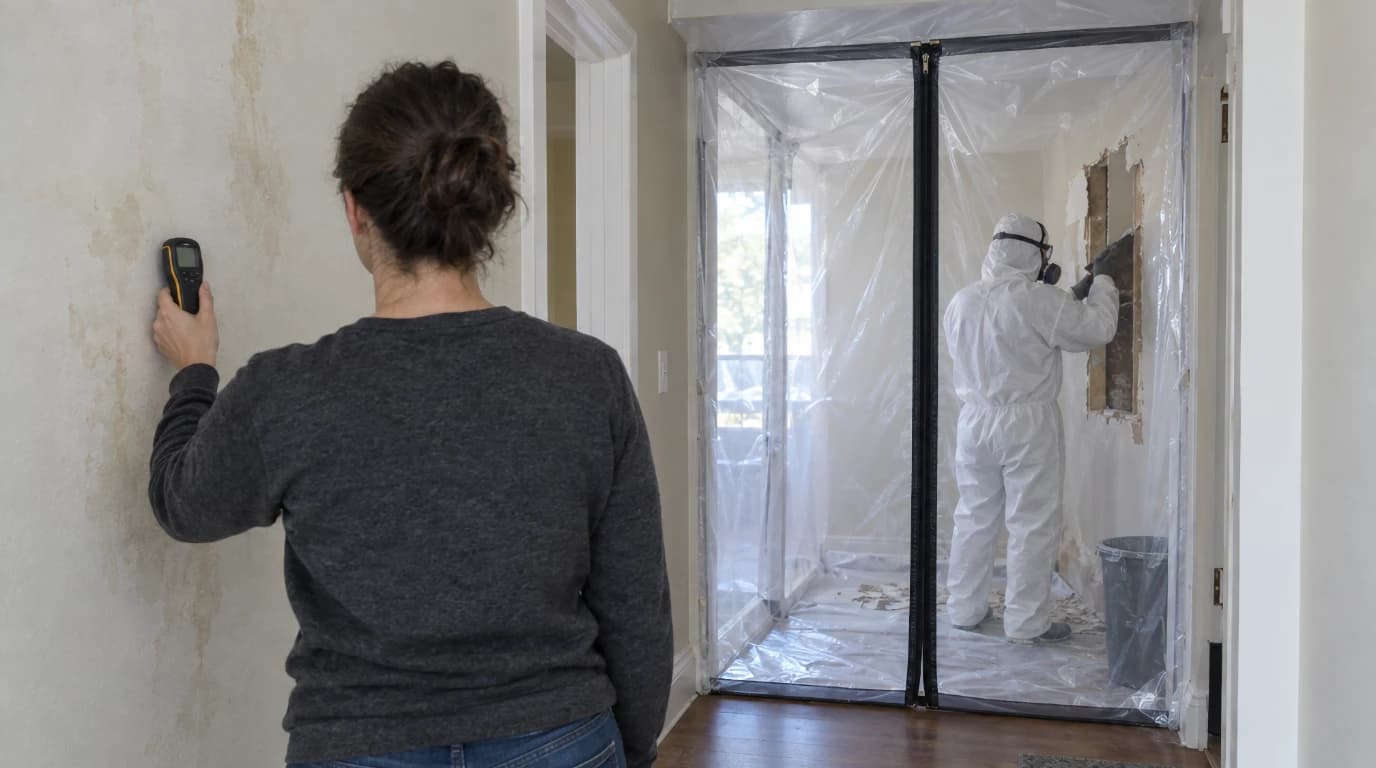 An assessor taking a moisture reading on a stained hallway wall, with a remediation worker inside a plastic-sheeted work area in the room beyond