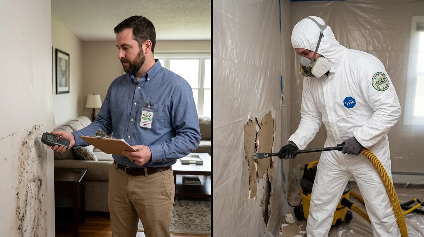 Mold assessor with clipboard and moisture meter on left, mold remediator in Tyvek suit removing drywall on right — both with visible certification badges