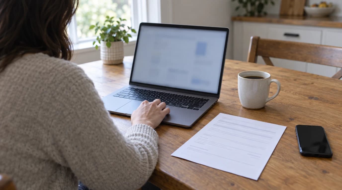 A homeowner at a kitchen table checking a contractor's credentials on a laptop, with an estimate and a phone beside it
