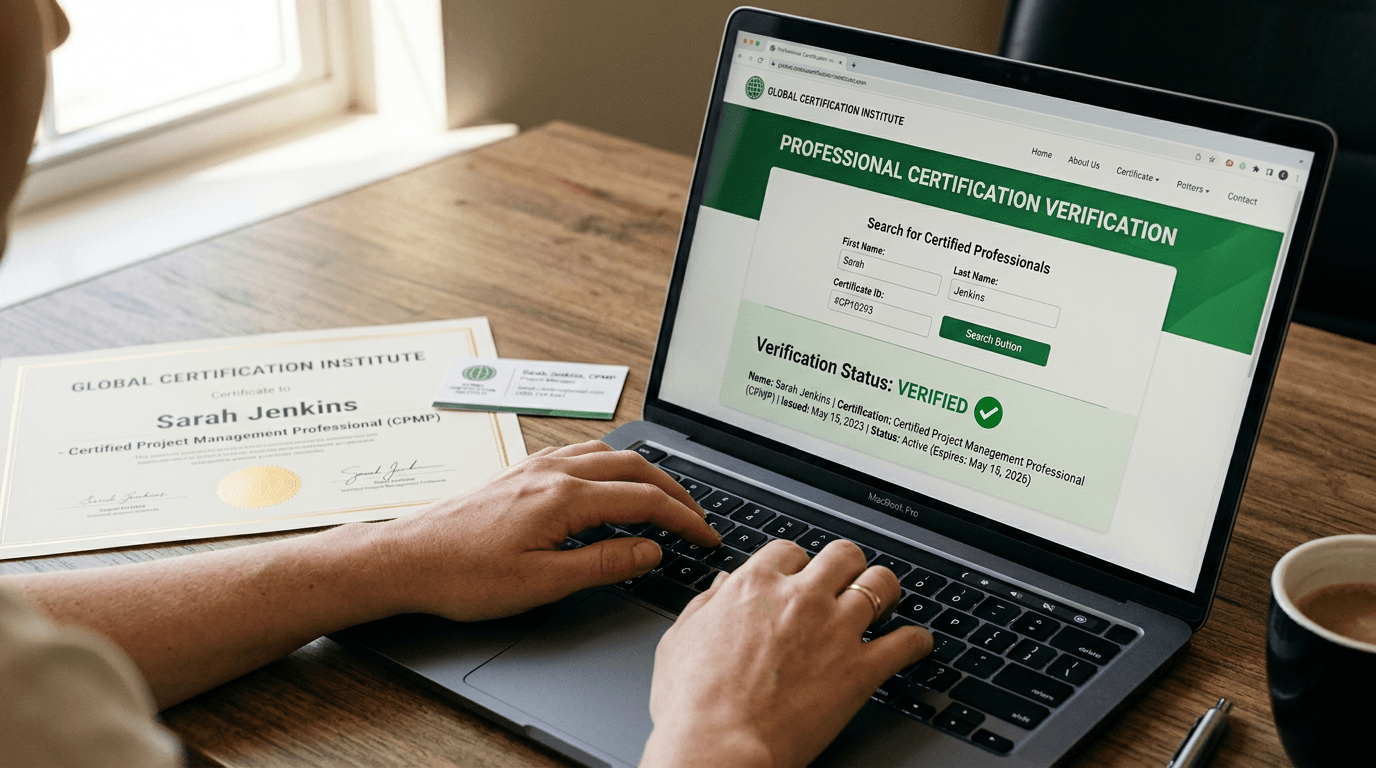 Hands typing on a laptop showing a certification verification website with a green checkmark confirming active certification status