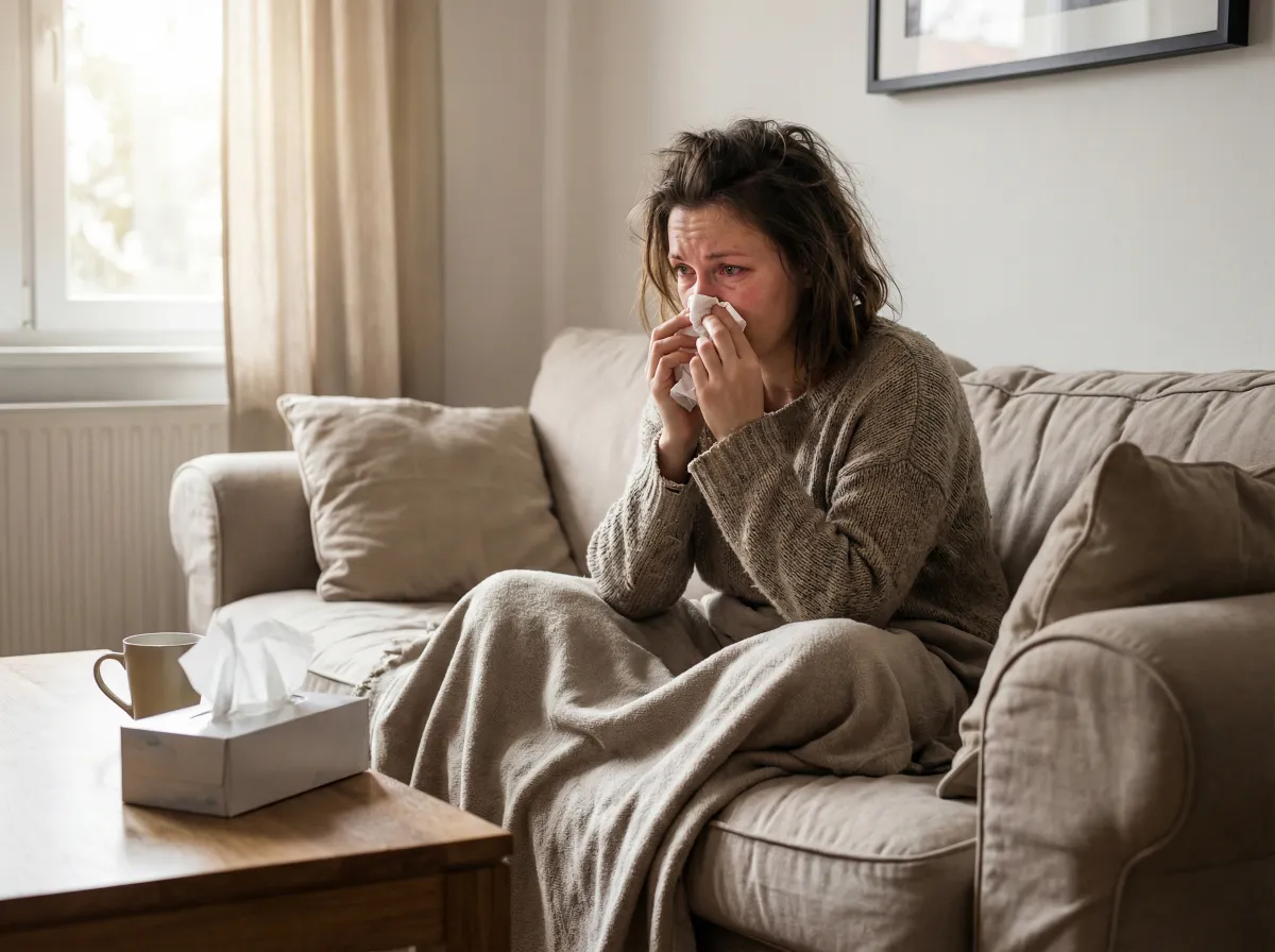 Woman experiencing respiratory symptoms from mold exposure, blowing her nose with a tissue while sitting on a couch