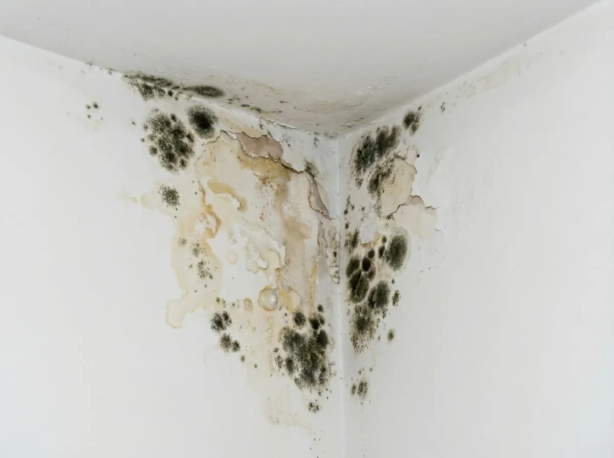Black mold (Stachybotrys chartarum) growing on a wall corner with water stain damage, a serious health hazard