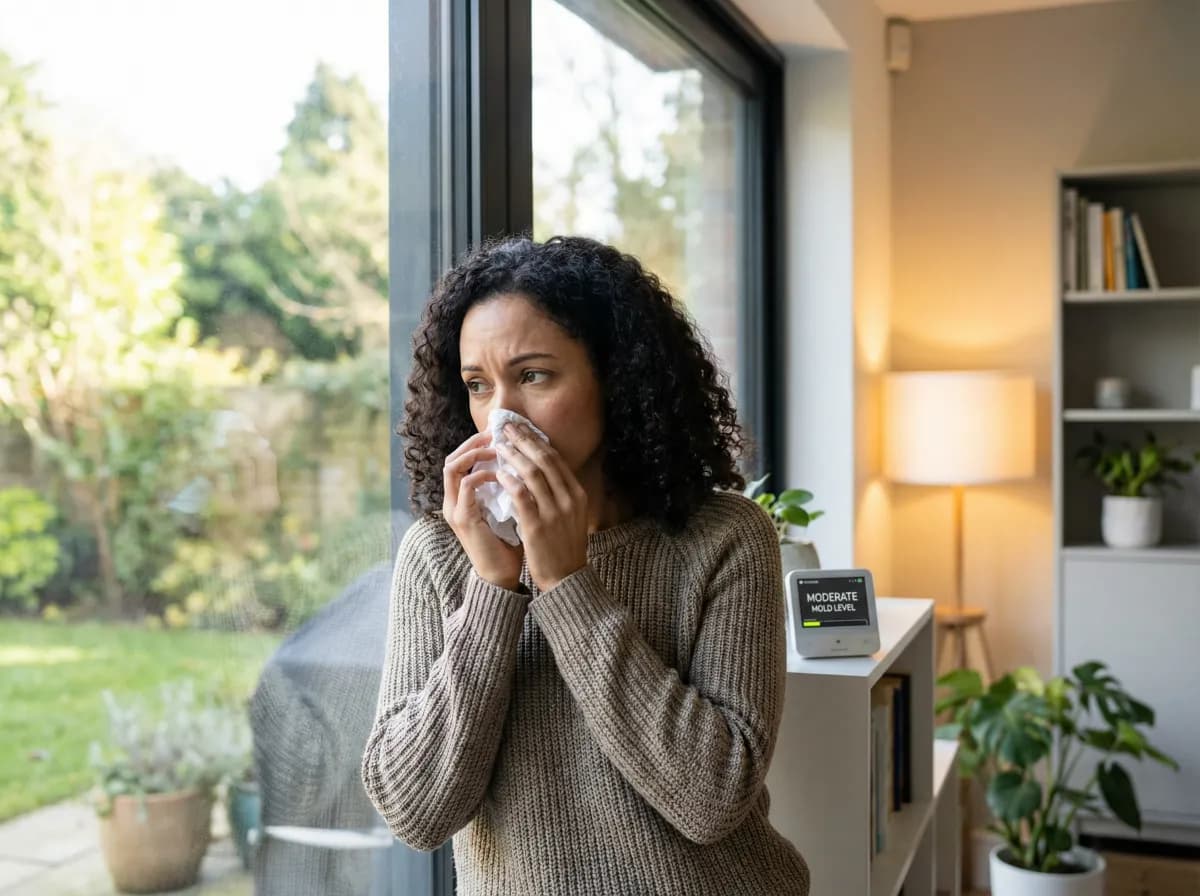 Woman near a window wondering if her allergy symptoms are caused by outdoor pollen or indoor mold