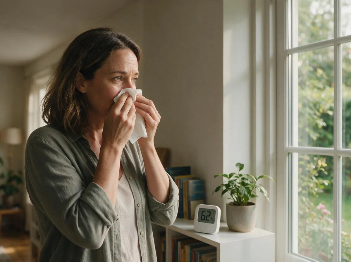 Woman near a window wondering whether her allergy symptoms come from outdoor pollen or indoor mold, with a hygrometer on the shelf behind her reading 62 percent humidity