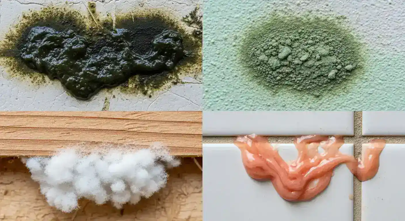 Close-up comparison showing different mold colors and textures including black, green, white, and pink varieties