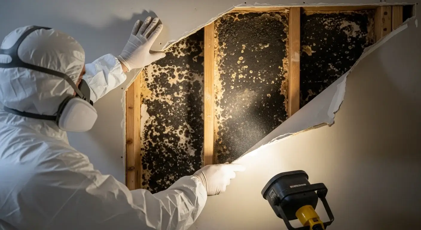 Professional mold assessor revealing hidden mold growth behind drywall during an inspection