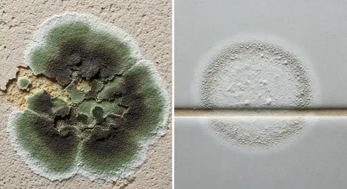 Side-by-side comparison showing dark fuzzy mold growth versus flat powdery mildew on household surfaces