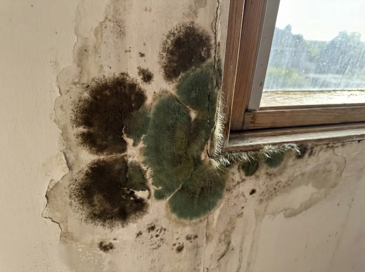 Alternaria mold growing as dark brown-green velvety patches with fuzzy edges on a damp wall after water damage