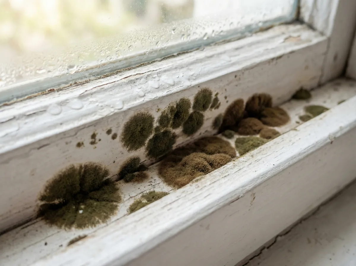 Cladosporium mold growing as olive-green to brown velvety spots on a residential window sill