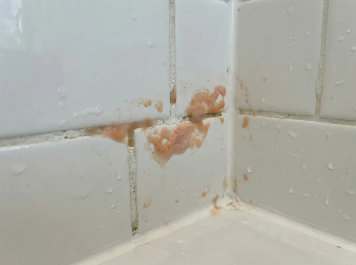 Pink mold (Serratia marcescens) growing as pinkish-orange slimy spots on white bathroom tile grout