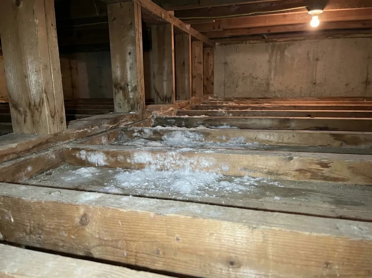 White mold growing as fluffy powdery patches on wood framing in a residential basement