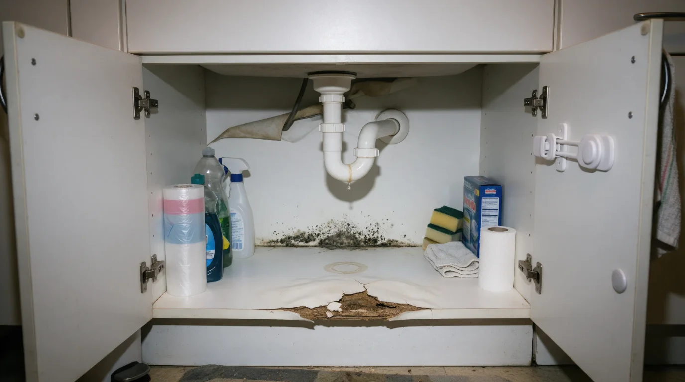 Mold and a swollen cabinet floor under an apartment kitchen sink, below a slowly leaking drain trap.