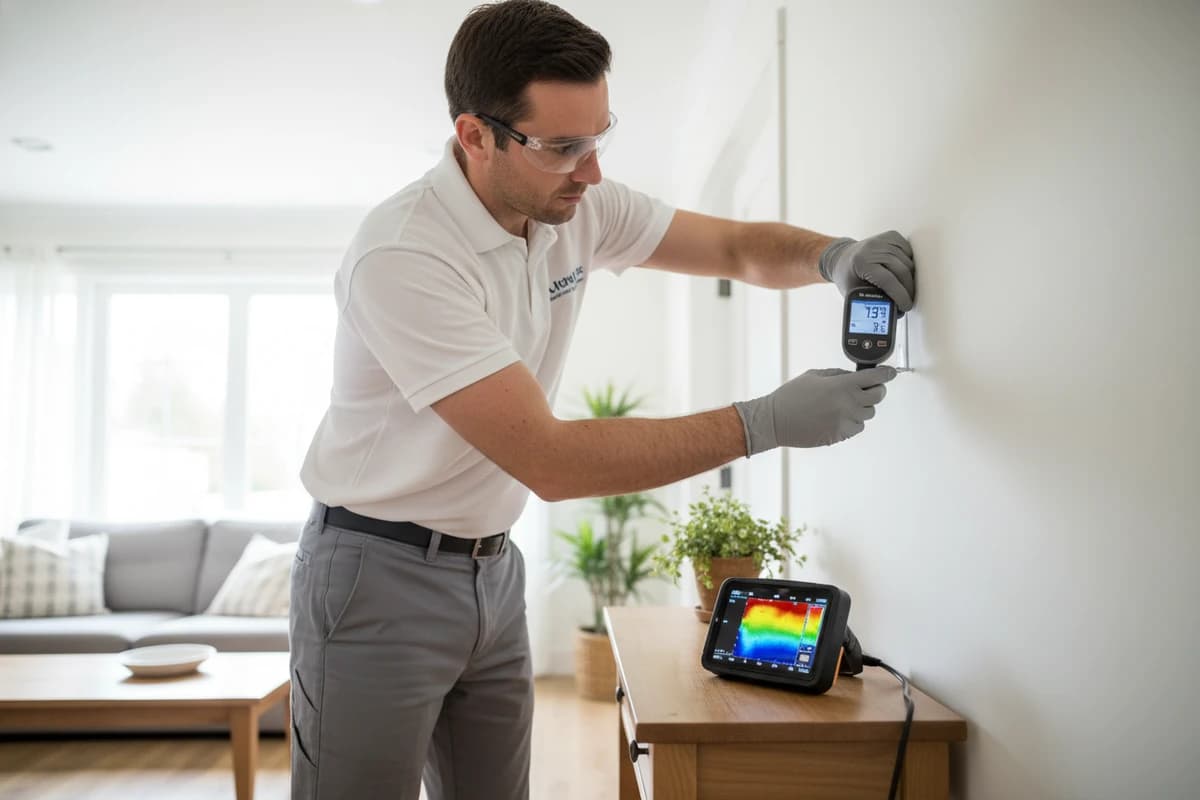 Professional mold inspector using a moisture meter and thermal imaging camera during a home inspection