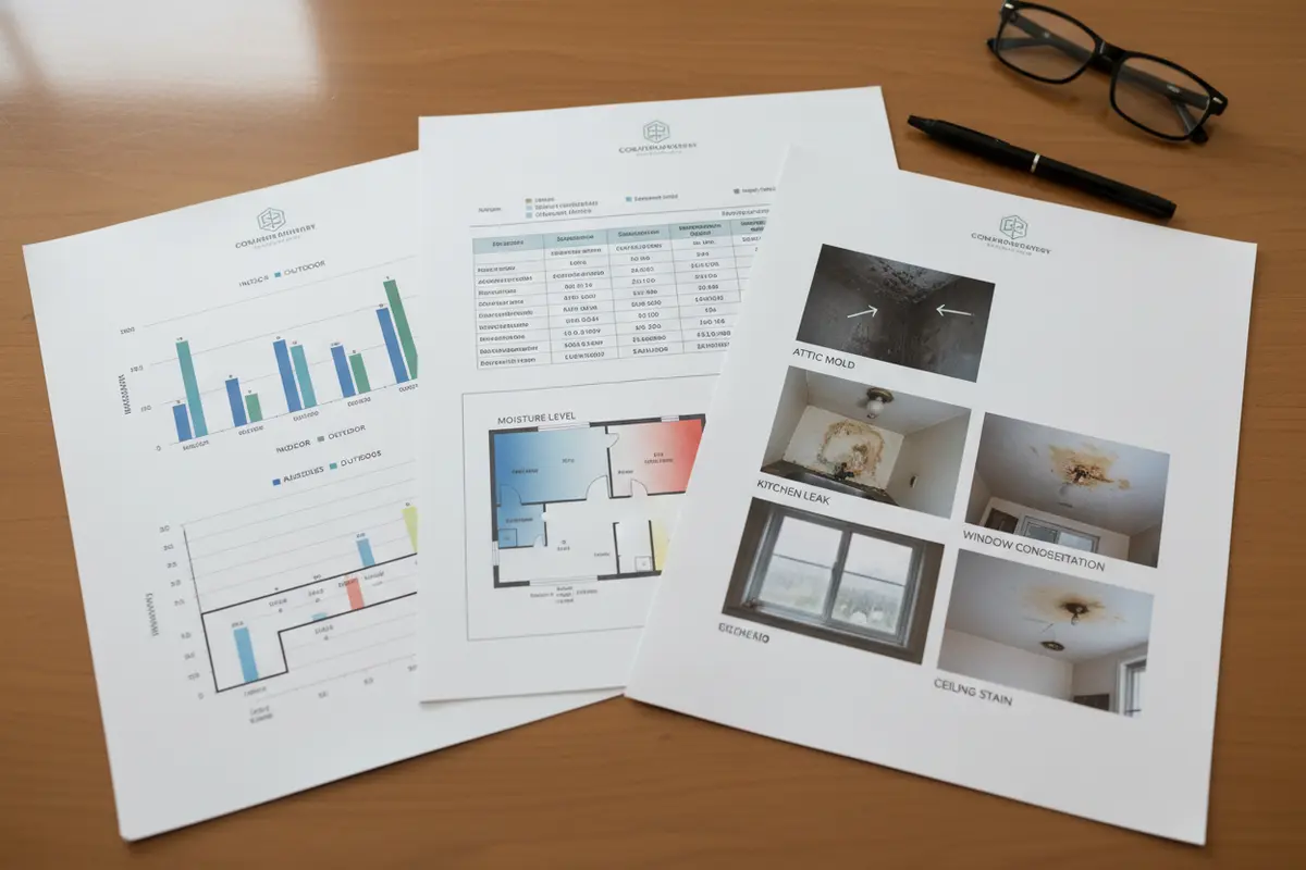 Professional mold inspection report showing indoor and outdoor lab results, a moisture map of the floor plan, and annotated photos
