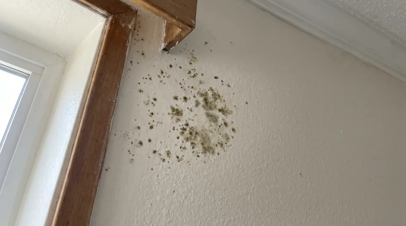 Scattered olive and gray-green mold specks on a painted wall near an upper corner beside a window frame, lit by raking daylight.