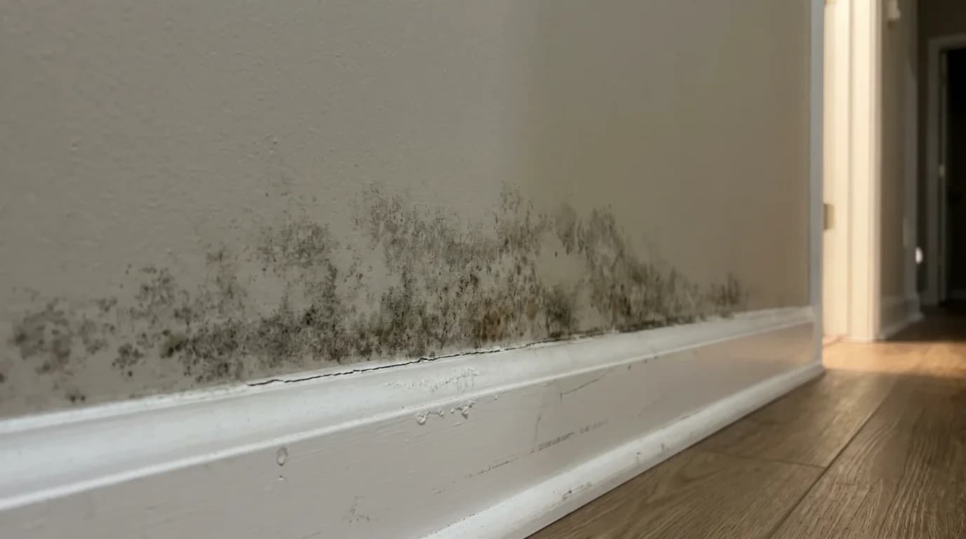 A mottled band of dark mold growth along the top edge of a white baseboard in a hallway, with slight paint lift at the trim line.