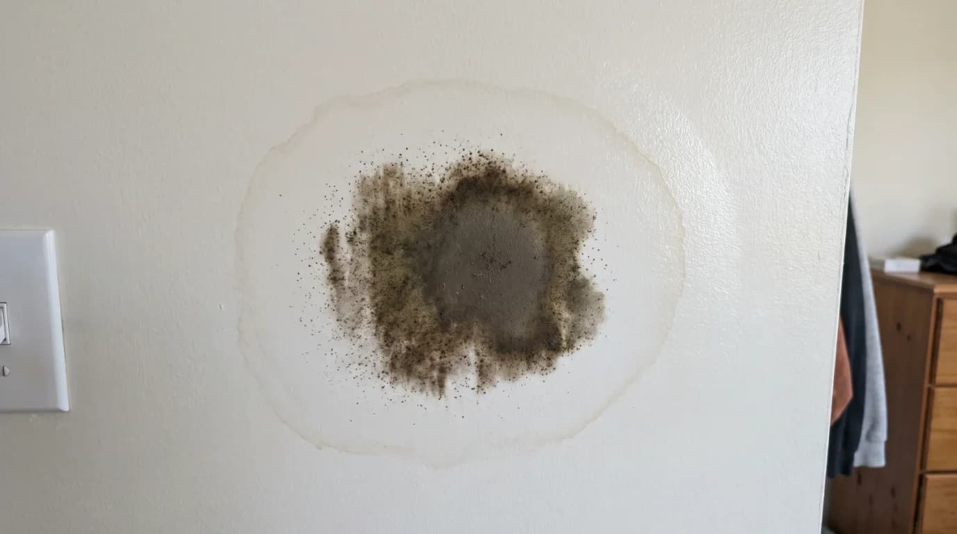 A hand-sized patch of black-green mold on a painted bedroom wall, surrounded by a faint tan water ring, with a light switch at frame edge.