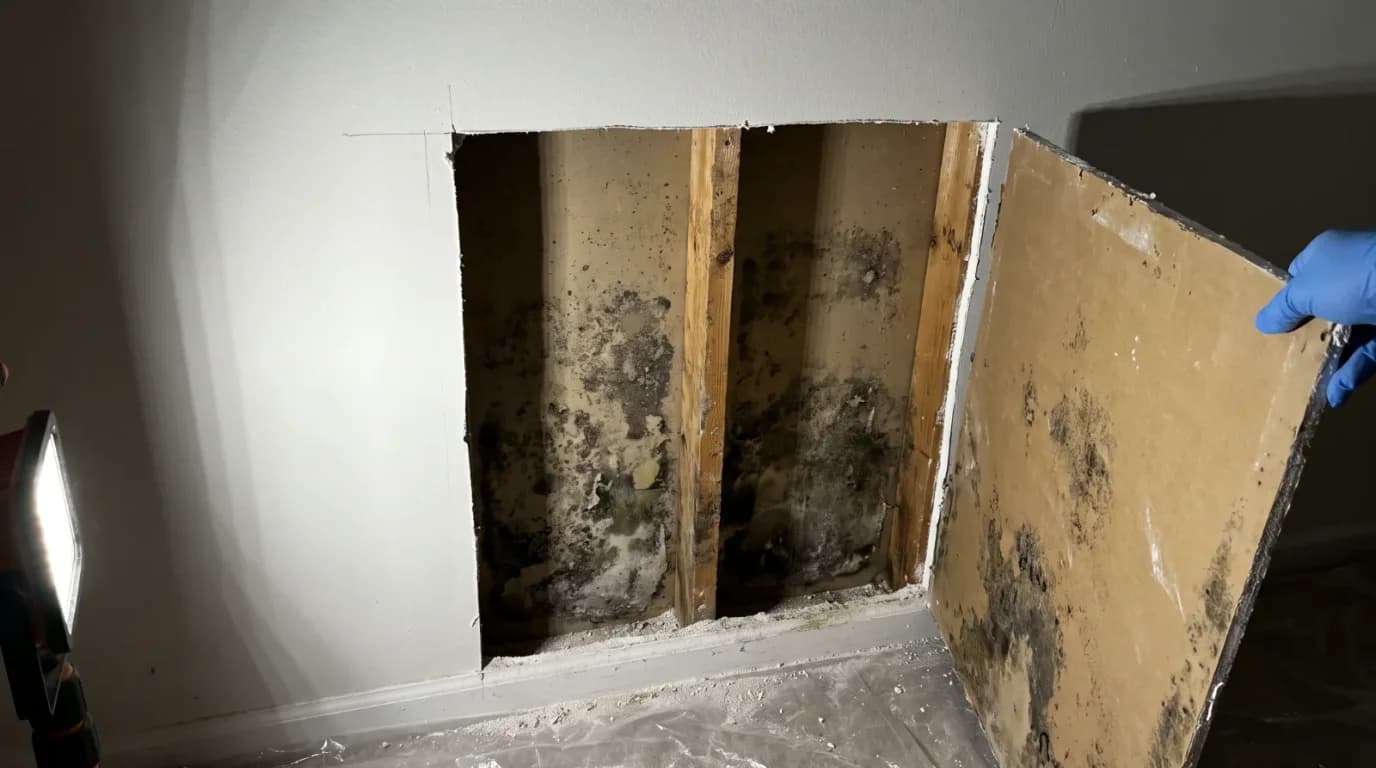 A cleanly cut rectangular drywall opening exposing wall studs with dark mold growth inside the cavity, the removed board leaning nearby, a gloved hand at frame edge.