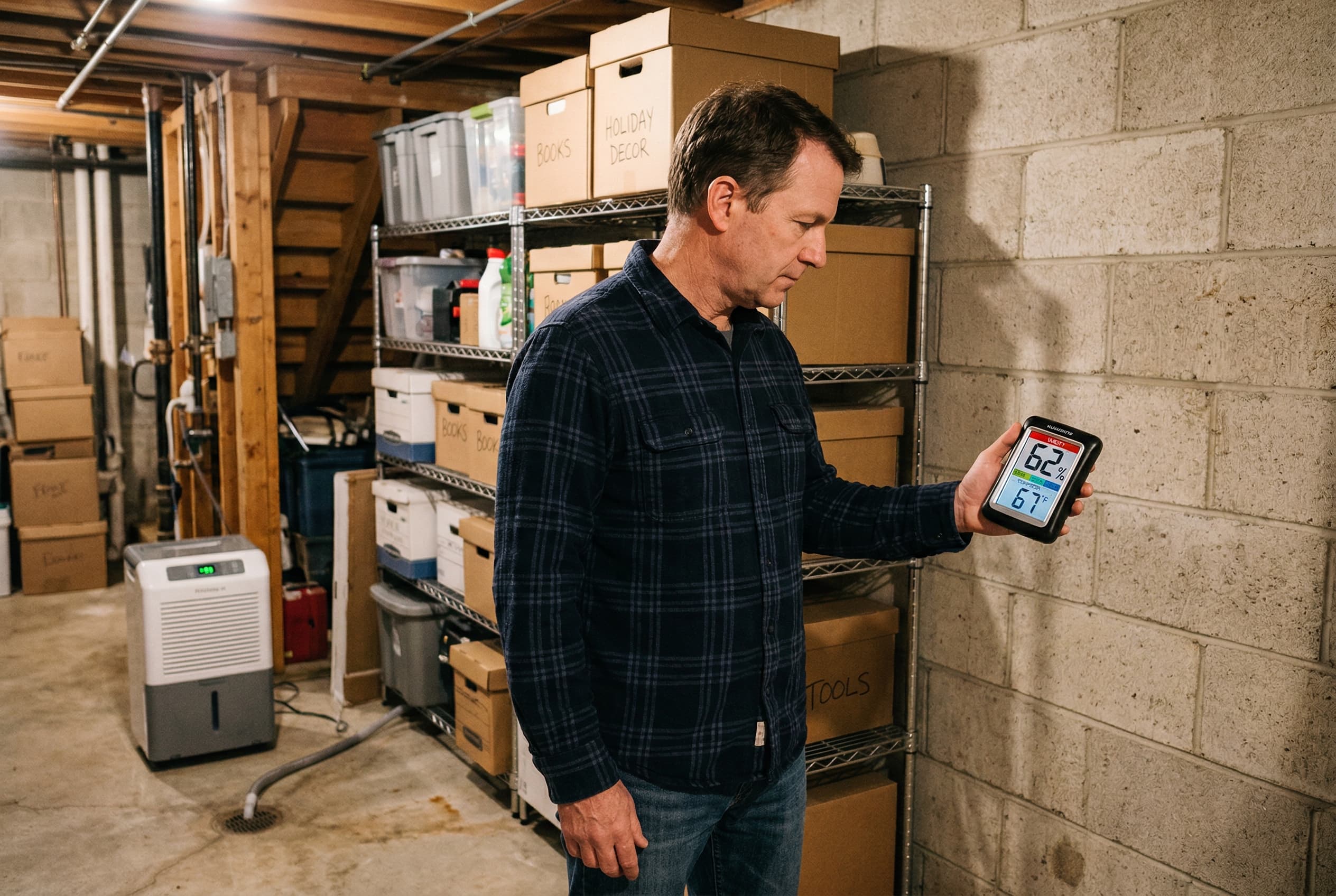 Homeowner checking a digital hygrometer reading 62% humidity in a residential basement with concrete block walls and a dehumidifier in the background