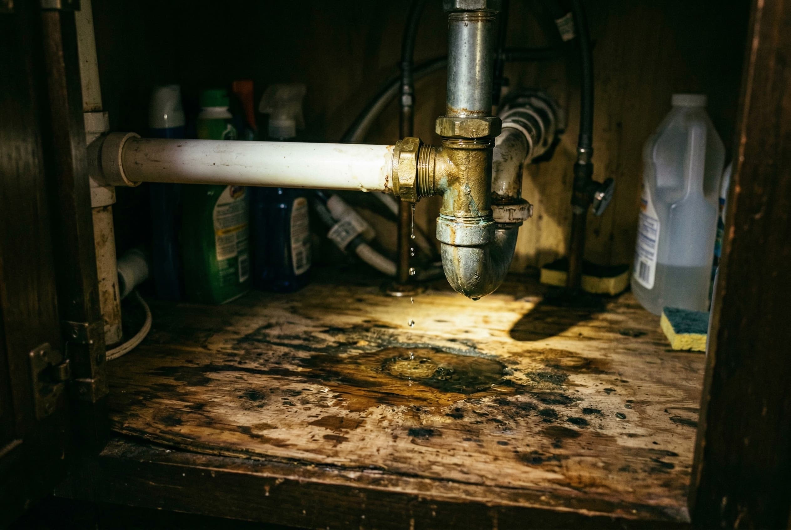 Flashlight illuminating a small water leak dripping from a pipe connection under a kitchen sink, with water staining on the cabinet floor
